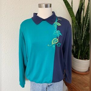 Vintage Fall Sweatshirt Two Tone Teal Navy 90s Embroidered Leaves Pullover large